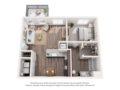 a 1 bedroom floorplan is shown with a wood floor